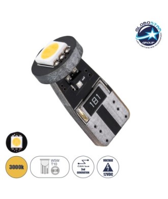 GloboStar® T10 W5W 81081 Λάμπα Αυτοκίνητου LED  2rd Generation Can-Bus Series 1xSMD5050 1.5W 150lm 120° DC 12-16V IP20 Φ1 x H2.2cm Θερμό Λευκό 3000K